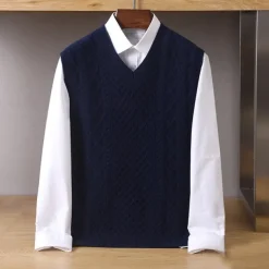 Men's 100% Merino Wool Sweater Vest Cable Knit V Neck Solid Color V Neck Knitwear Elegant School Formal Clothing Apparel Spring Fall Navy Blue Light Grey S M L