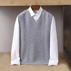 Men's 100% Merino Wool Sweater Vest Cable Knit V Neck Solid Color V Neck Knitwear Elegant School Formal Clothing Apparel Spring Fall Navy Blue Light Grey S M L