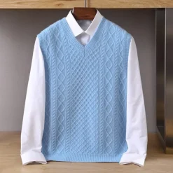 Men's 100% Merino Wool Sweater Vest Cable Knit V Neck Solid Color V Neck Knitwear Elegant School Formal Clothing Apparel Spring Fall Navy Blue Light Grey S M L