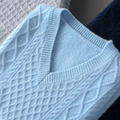 Men's 100% Merino Wool Sweater Vest Cable Knit V Neck Solid Color V Neck Knitwear Elegant School Formal Clothing Apparel Spring Fall Navy Blue Light Grey S M L