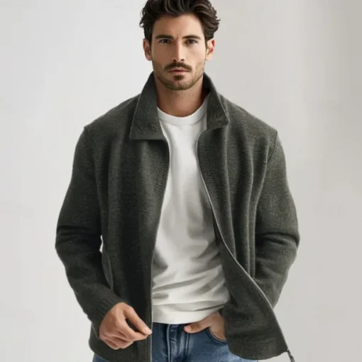 Men's 100% Merino Wool Zip Sweater Knit Zipper Solid Color Peter Pan Collar Knitwear Elegant Training Christmas Clothing Apparel Fall Winter Army Green Black S M L
