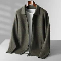 Men's 100% Merino Wool Zip Sweater Knit Zipper Solid Color Peter Pan Collar Knitwear Elegant Training Christmas Clothing Apparel Fall Winter Army Green Black S M L