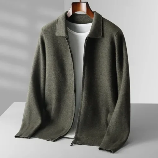Men's 100% Merino Wool Zip Sweater Knit Zipper Solid Color Peter Pan Collar Knitwear Elegant Training Christmas Clothing Apparel Fall Winter Army Green Black S M L