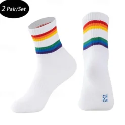 Men's 2 Pack Multi Packs Socks Crew Socks Running Socks Casual Socks Black White Color Rainbow Sports & Outdoor Daily Vacation Basic Medium Spring Fall Fashion Casual