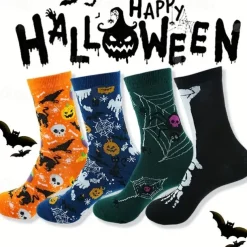 Men's 4 Pairs Multi Packs Socks Crew Socks Casual Socks Halloween Socks Rainbow Color Pumpkin Halloween Bat Sports & Outdoor Daily Vacation Basic Medium Fall & Winter Fashion Casual