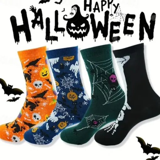 Men's 4 Pairs Multi Packs Socks Crew Socks Casual Socks Halloween Socks Rainbow Color Pumpkin Halloween Bat Sports & Outdoor Daily Vacation Basic Medium Fall & Winter Fashion Casual