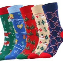 Men's 5 Pairs Multi Packs Socks Crew Socks Casual Socks Christmas Socks Red Navy Blue Color Christmas Tree Christmas Daily Vacation Medium Fall Winter Fashion Casual