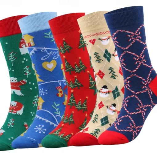 Men's 5 Pairs Multi Packs Socks Crew Socks Casual Socks Christmas Socks Red Navy Blue Color Christmas Tree Christmas Daily Vacation Medium Fall Winter Fashion Casual