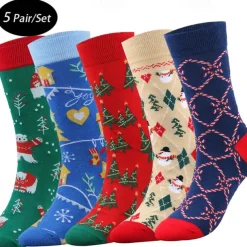 Men's 5 Pairs Multi Packs Socks Crew Socks Casual Socks Christmas Socks Red Navy Blue Color Christmas Tree Christmas Daily Vacation Medium Fall Winter Fashion Casual