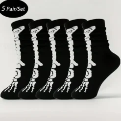 Men's 5 Pairs Multi Packs Socks Crew Socks Casual Socks Black Color Halloween Skulls Sports & Outdoor Daily Vacation Basic Medium Fall & Winter Fashion Casual