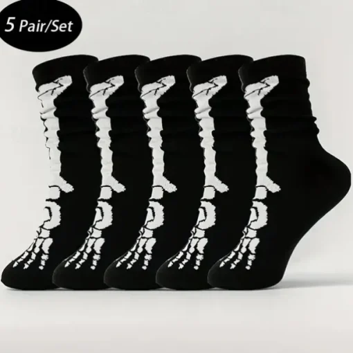 Men's 5 Pairs Multi Packs Socks Crew Socks Casual Socks Black Color Halloween Skulls Sports & Outdoor Daily Vacation Basic Medium Fall & Winter Fashion Casual