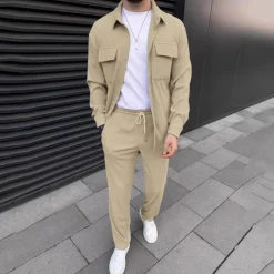 Men's 2 Piece Shirt Set Matching Sets Casual Shirt Corduroy Shirt Button Up Shirt Black Brown Green khaki Gray Long Sleeve Plain Collar Street Daily Clothing Apparel Fashion Casual