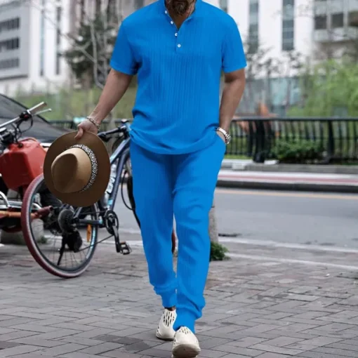 Men's 2 Piece Shirt Set Matching Sets Casual Shirt Button Up Shirt Black White Royal Blue Blue khaki Short Sleeve Plain Band Collar Vacation Street Clothing Apparel Fashion Casual