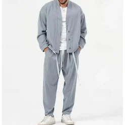 Men's 2 Piece Shirt Set Matching Sets Casual Shirt Green Light Grey Gray Long Sleeve Plain Daily Going out Clothing Apparel Fashion Casual