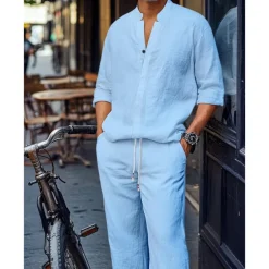 Men's 2 Piece Shirt Set Matching Sets Casual Shirt Plain Street Daily Black White Dark Gray Light Blue Long Sleeve Standing Collar Spring & Summer Clothing Apparel Front Pocket