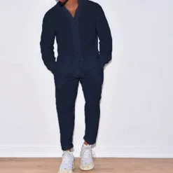 Men's 2 Piece Shirt Set Summer Shirt Matching Sets Beach Shirt Button Up Shirt Plain Vacation Casual Black White Navy Blue Blue Long Sleeve Collar Spring & Summer Clothing Apparel
