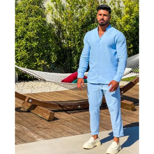 Men's 2 Piece Shirt Set Summer Shirt Matching Sets Beach Shirt Button Up Shirt Plain Vacation Casual Black White Navy Blue Blue Long Sleeve Collar Spring & Summer Clothing Apparel