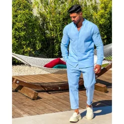 Men's 2 Piece Shirt Set Summer Shirt Matching Sets Beach Shirt Button Up Shirt Plain Vacation Casual Black White Navy Blue Blue Long Sleeve Collar Spring & Summer Clothing Apparel