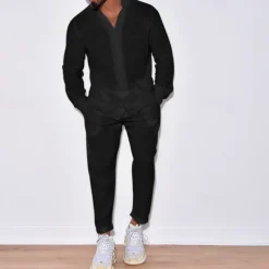 Men's 2 Piece Shirt Set Summer Shirt Matching Sets Beach Shirt Button Up Shirt Plain Vacation Casual Black White Navy Blue Blue Long Sleeve Collar Spring & Summer Clothing Apparel