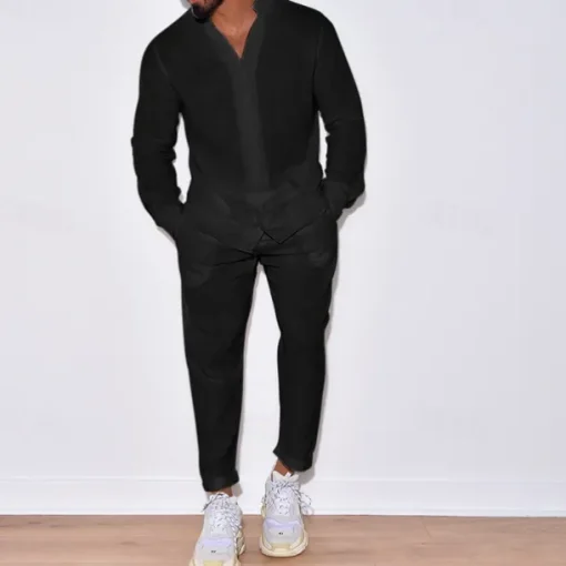 Men's 2 Piece Shirt Set Summer Shirt Matching Sets Beach Shirt Button Up Shirt Plain Vacation Casual Black White Navy Blue Blue Long Sleeve Collar Spring & Summer Clothing Apparel
