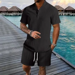Men's 2 Piece Shirt Set Summer Set Matching Sets Casual Shirt Button Up Shirt Black White Royal Blue khaki Light Blue Short Sleeve Plain Collar Vacation Daily Clothing Apparel Fashion Casual