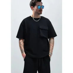 Men's 2 Piece T-shirt Suits Shorts and T Shirt Set Short Sleeve Short Sleeves Crew Neck Summer Solid Color Gymnatics Casual Pocket 2 Piece Vacation Daily Wear Activewear Black White Brown Top Tee for