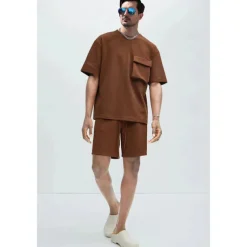 Men's 2 Piece T-shirt Suits Shorts and T Shirt Set Short Sleeve Short Sleeves Crew Neck Summer Solid Color Gymnatics Casual Pocket 2 Piece Vacation Daily Wear Activewear Black White Brown Top Tee for