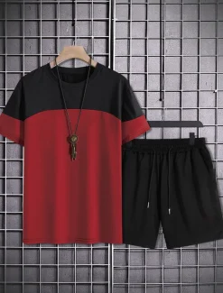 Men's 2 Pieces Outfits T-Shirt and Drawstring Shorts Set Short Sleeve Crewneck Summer Color Block Fashion Sport Casual 2 Piece Vacation Casual Daily Wear Red Blue khaki Top Tee for Men