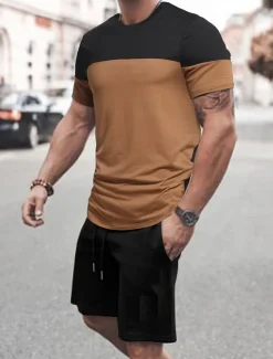 Men's 2 Pieces Outfits T-Shirt and Drawstring Shorts Set Short Sleeve Crewneck Summer Color Block Fashion Sport Casual 2 Piece Vacation Casual Daily Wear Red Blue khaki Top Tee for Men
