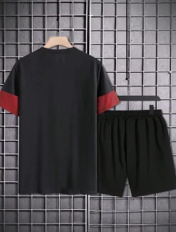 Men's 2 Pieces Outfits T-Shirt and Drawstring Shorts Set Short Sleeve Crewneck Summer Color Block Fashion Sport Casual 2 Piece Vacation Casual Daily Wear Red Blue khaki Top Tee for Men