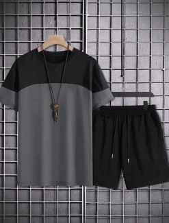 Men's 2 Pieces Outfits T-Shirt and Drawstring Shorts Set Short Sleeve Crewneck Summer Color Block Fashion Sport Casual 2 Piece Vacation Casual Daily Wear Red Blue khaki Top Tee for Men