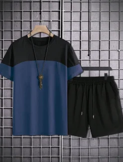 Men's 2 Pieces Outfits T-Shirt and Drawstring Shorts Set Short Sleeve Crewneck Summer Color Block Fashion Sport Casual 2 Piece Vacation Casual Daily Wear Red Blue khaki Top Tee for Men