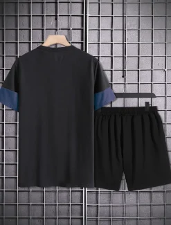 Men's 2 Pieces Outfits T-Shirt and Drawstring Shorts Set Short Sleeve Crewneck Summer Color Block Fashion Sport Casual 2 Piece Vacation Casual Daily Wear Red Blue khaki Top Tee for Men