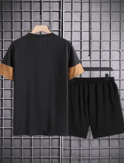 Men's 2 Pieces Outfits T-Shirt and Drawstring Shorts Set Short Sleeve Crewneck Summer Color Block Fashion Sport Casual 2 Piece Vacation Casual Daily Wear Red Blue khaki Top Tee for Men