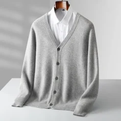 Men's 100% Wool Cardigan Sweater Knit Button Up Solid Color V Neck Knitwear Elegant School Training Clothing Apparel Bishop Sleeve Fall Winter Black khaki S M L XL