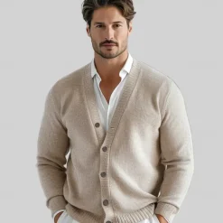 Men's 100% Wool Cardigan Sweater Knit Button Up Solid Color V Neck Knitwear Elegant School Training Clothing Apparel Bishop Sleeve Fall Winter Black khaki S M L XL