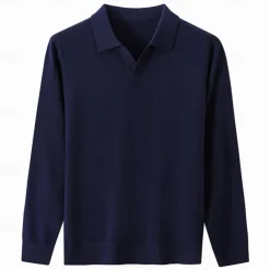 Men's 100% Wool Pullover Sweater Knit V Neck Solid Color Turndown Knitwear Elegant Outdoor Home Clothing Apparel Spring Fall Black Navy Blue S M L