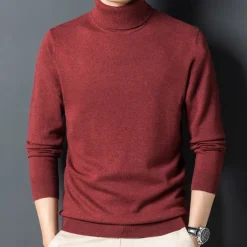 Men's 100% Wool Pullover Sweater Jumper Knit Solid Color Turtleneck Knitwear Elegant Christmas Outdoor Clothing Apparel Fall Winter Black Red S M L
