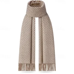 Men's 100% Wool Rectangle Scarf School Christmas Outdoor Black Ivory Scarf