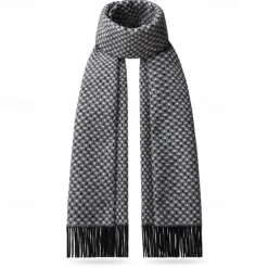 Men's 100% Wool Rectangle Scarf School Christmas Outdoor Black Ivory Scarf