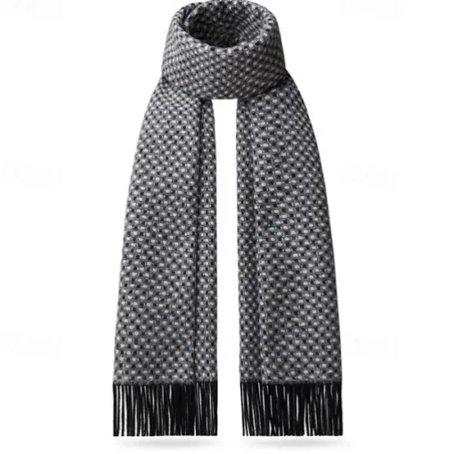 Men's 100% Wool Rectangle Scarf School Christmas Outdoor Black Ivory Scarf