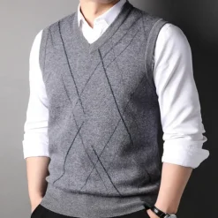 Men's 100% Wool Sweater Vest Knit V Neck Stripe Reactive Print V Neck Knitwear Elegant School Performance Clothing Apparel Spring Fall Black Royal Blue S M L