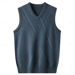 Men's 100% Wool Sweater Vest Knit V Neck Stripe Reactive Print V Neck Knitwear Elegant School Performance Clothing Apparel Spring Fall Black Royal Blue S M L