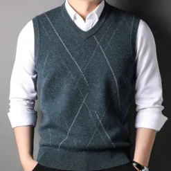 Men's 100% Wool Sweater Vest Knit V Neck Stripe Reactive Print V Neck Knitwear Elegant School Performance Clothing Apparel Spring Fall Black Royal Blue S M L