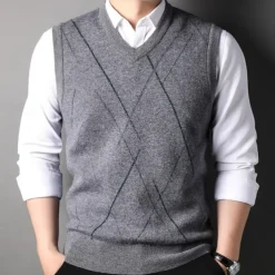 Men's 100% Wool Sweater Vest Knit V Neck Stripe Reactive Print V Neck Knitwear Elegant School Performance Clothing Apparel Spring Fall Black Royal Blue S M L