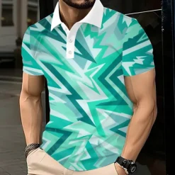 Men's Abstract Geometic Polo Short Sleeve Polo Shirts Lapel Business Casual Business Athleisure 3D Print Buttons Summer Red Blue Green