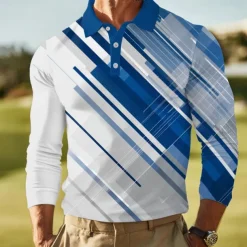 Men's Abstract Geometic Polo Long Sleeve Polo Shirts Lapel Business Casual Outdoor Athleisure Daily Wear 3D Print Buttons Spring Fall Winter Blue Green Dark Blue