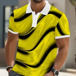 Men's Abstract Geometic Polo Short Sleeve Polo Shirts Lapel Business Casual Business Athleisure 3D Print Buttons Summer Yellow Blue Purple