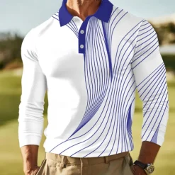 Men's Abstract Line Polo Long Sleeve Polo Shirts Lapel Business Casual Outdoor Athleisure Daily Wear 3D Print Buttons Spring Fall Winter Black Red Blue