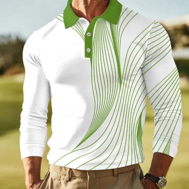 Men's Abstract Line Polo Long Sleeve Polo Shirts Lapel Business Casual Outdoor Athleisure Daily Wear 3D Print Buttons Spring Fall Winter Black Red Blue